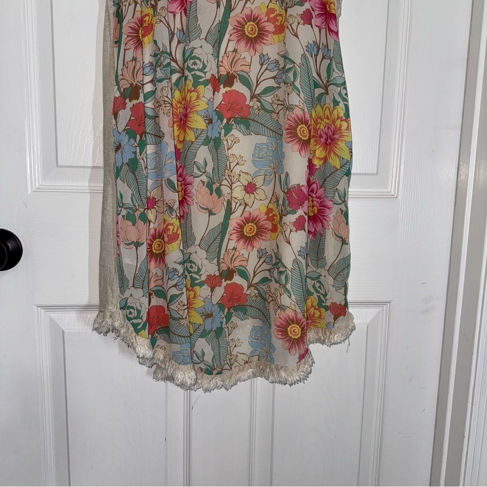 Umgee Beige Mini Linen Dress with High Low Ruffle Fringe and Floral Print - Picture 12 of 16